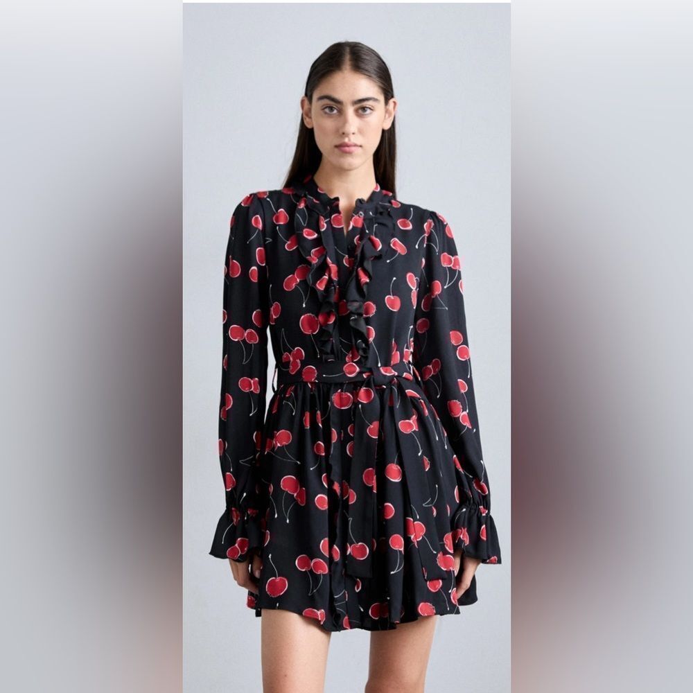 The Kooples red Cherry Print Black Mini Dress with ruffles Dark Romance NWT - Picture 2 of 13